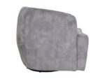 Zijaanzicht van een grijze, gecapitonneerde fauteuil met een gladde, stoffen textuur. De stoel heeft een licht achteroverleunende rugleuning en een ronde basis, wat suggereert dat hij kan draaien. Hij staat tegen een effen witte achtergrond.