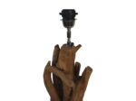 Een lamp zonder kap, met een basis van natuurlijk hout met verstrengelde takken in een rustiek ontwerp. De lamphouder en fittingen zijn zichtbaar bovenop de houten structuur tegen een effen witte achtergrond.