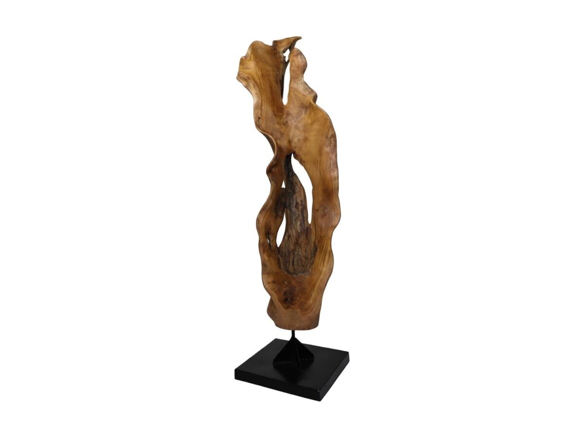Natuurlijk houten sculptuur met een gladde, gebogen vorm op een zwarte vierkante basis. Het stuk toont verschillende tinten bruin, wat de textuur en organische vorm van het hout benadrukt.