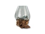 Een heldere glazen vaas met een brede opening is op unieke wijze gevormd rond een getextureerd stuk drijfhout, wat een natuurlijke, artistieke uitstraling creëert. De combinatie van glas en hout geeft een rustieke en organische esthetiek.