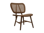 Een houten stoel met een gebogen rugleuning en een zitting van gevlochten rotan. De stoel heeft vier schuine poten voor ondersteuning, wat hem een vintage, minimalistische look geeft. Het hout heeft een warme, natuurlijke afwerking.