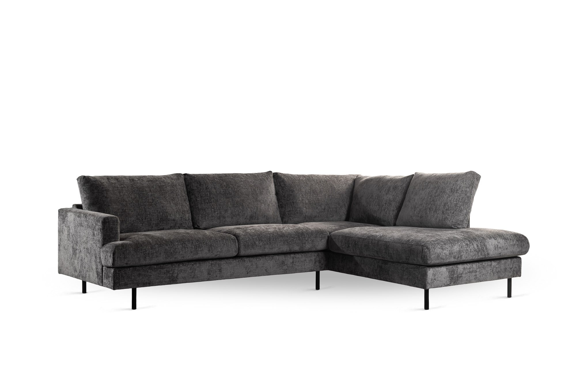 Een 3-zits L-vormige bank, model "3 zits hoek rechts" in stof Haga 16 en antracietkleur E230, met drie zit- en rugkussens en slanke zwarte poten, tegen een witte achtergrond.
