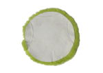 Een plat, rond voorwerp met een wit midden en een donzige, felgroene rand, dat lijkt op een stukje synthetisch bont.