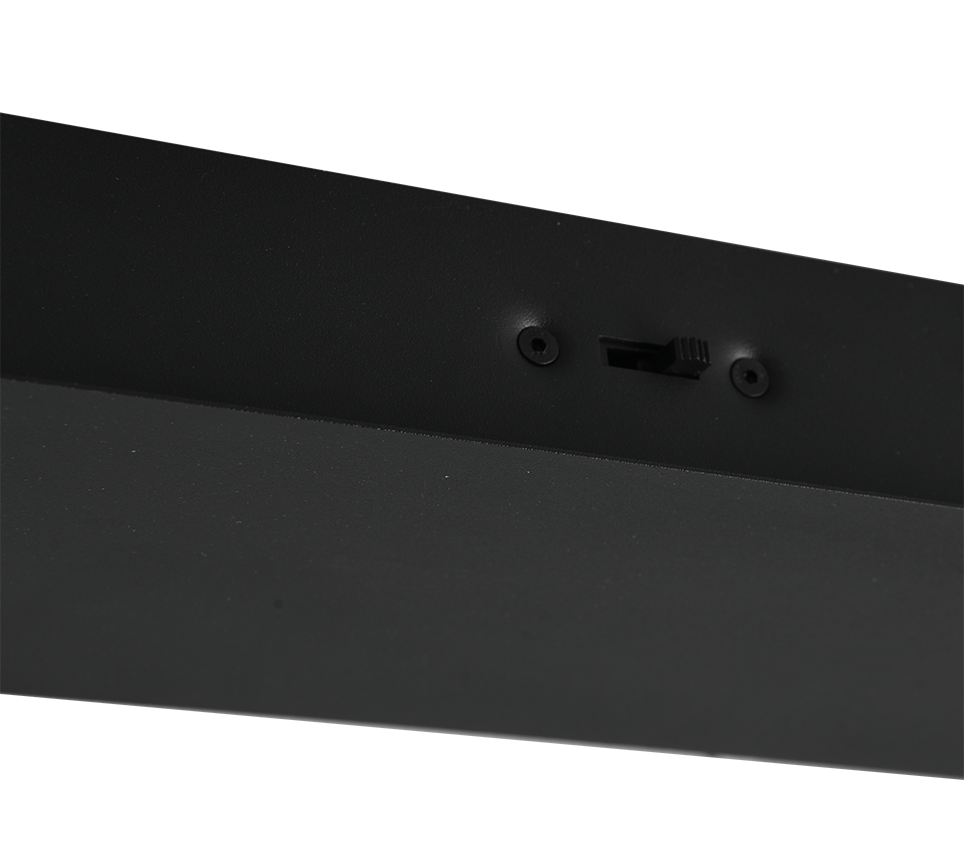 Close-up van een zwart elektronisch apparaat met een schakelaar en twee schroeven op een plat oppervlak. De achtergrond is wit.