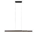 Een moderne zwarte hanglamp met een rechthoekige basis en twee dunne, parallelle staven die aan draden hangen. De staven hebben koperkleurige accenten aan de uiteinden, wat een strak en minimalistisch design oplevert.