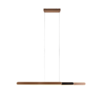 Moderne hangende hanglamp met een rechthoekig metalen frame in een bronzen afwerking. De lamp hangt aan twee kabels die aan een plafondbevestiging zijn bevestigd. Het ontwerp is strak en minimalistisch, met de nadruk op strakke lijnen en een eigentijdse esthetiek.