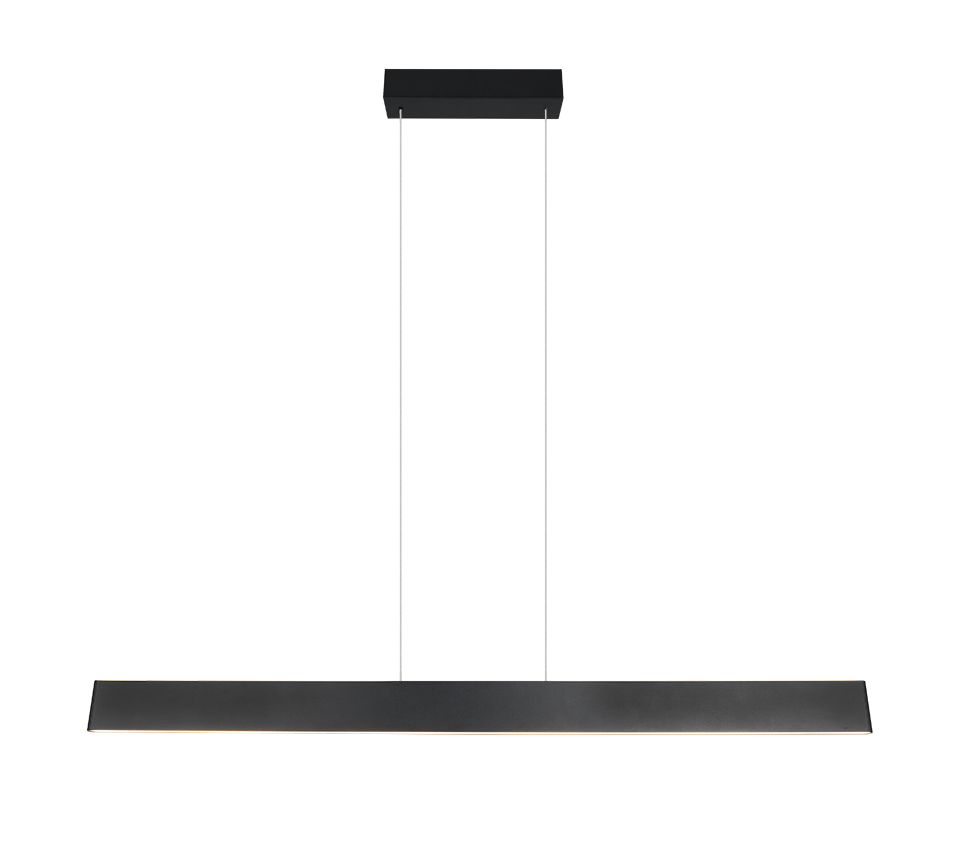 Strakke zwarte rechthoekige hanglamp die aan het plafond hangt met twee kabels. Het heeft een minimalistisch ontwerp met een gladde zwarte afwerking.