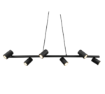 Een moderne zwarte plafondlamp met zeven verstelbare cilindrische lampen die in een lineaire formatie zijn gerangschikt. Het ontwerp is strak en minimalistisch, met de nadruk op functionaliteit en eigentijdse stijl.