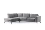 3 zits hoek links in stof Perfect Harmony 82, kleur R311 grijs, met vier zit- en vier rugkussens en slanke zwarte metalen poten, afgebeeld tegen een witte achtergrond.