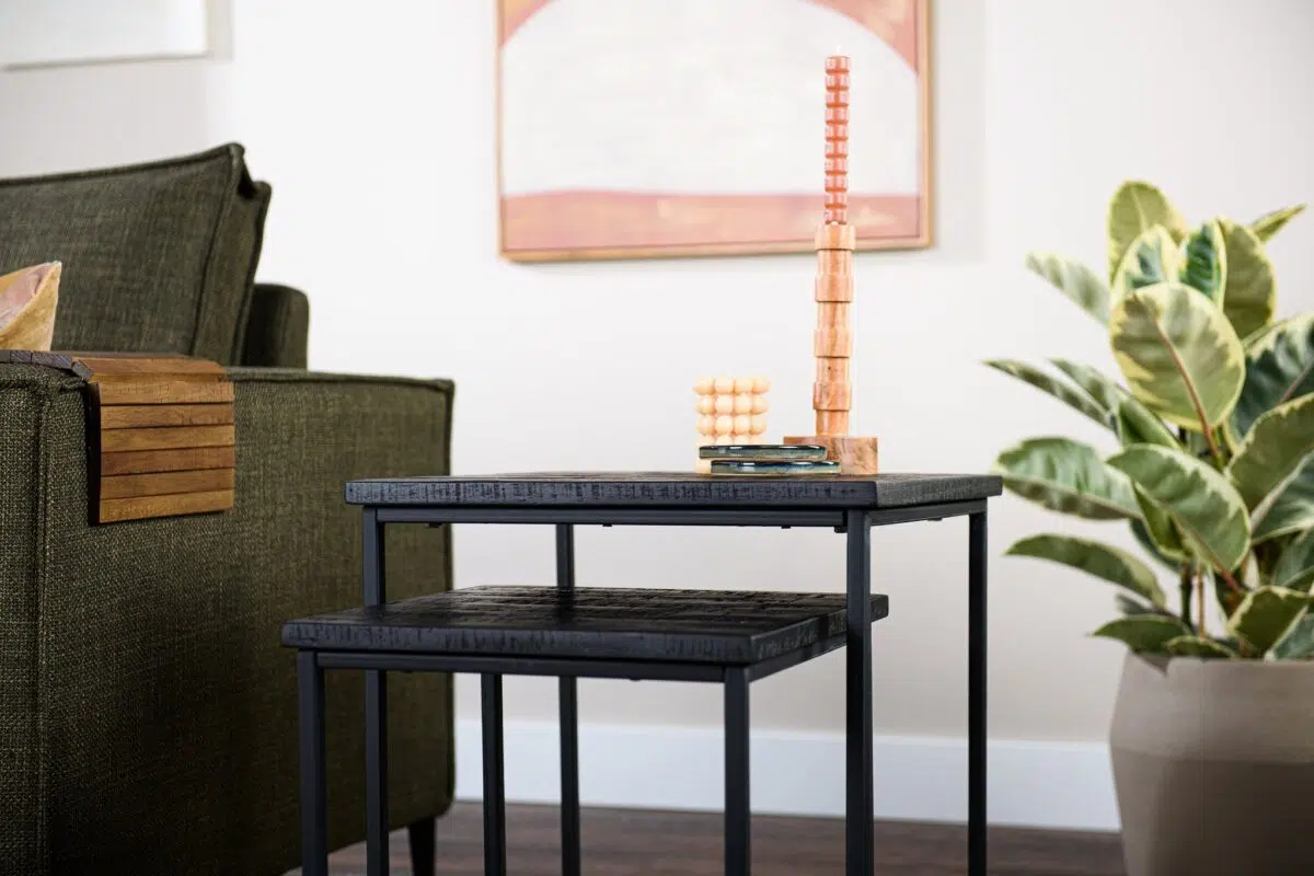 Een zwarte bijzettafelset met houten blokkenspellen en onderzetters staat naast een groene bank. Een potplant op de vloer zorgt voor groen en een ingelijst kunstwerk hangt op de achtergrond aan de muur.