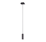 Een hoge, slanke, moderne zwarte staande lamp met een cilindrische basis en een lang, rechthoekig lichaam dat omhoog reikt. De lamp heeft een minimalistisch ontwerp en is geplaatst tegen een effen witte achtergrond.