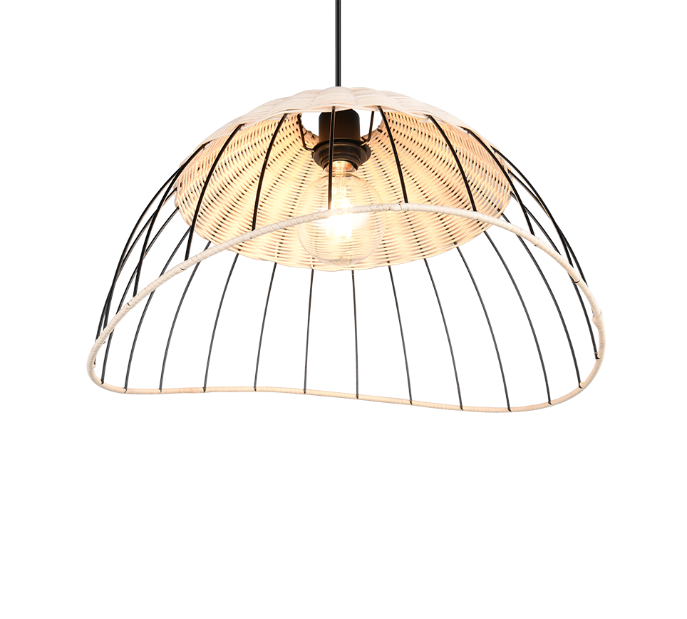 Hanglamp met een zwart metalen frame en een geometrische witte kap rond een gloeiende gloeilamp, hangend aan een zwart snoer.