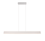 Een moderne, minimalistische plafondlamp heeft een lange, rechthoekige horizontale balk die aan twee dunne kabels hangt die aan een vierkante basis zijn bevestigd. De lamp heeft een strakke, metalen afwerking, wat hem een eigentijdse look geeft.