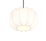 Een witte hanglamp met een geschulpt ontwerp hangt aan een zwart snoer. Het oppervlak heeft een subtiel gestructureerd patroon en straalt een zacht, warm licht uit, wat een uitnodigende ambiance creëert. De achtergrond is effen wit.