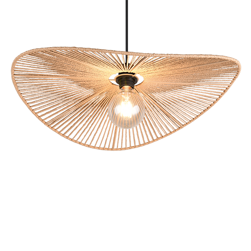 Moderne hanglamp met een uniek, asymmetrisch ontwerp, waarbij de kale gloeilamp is omgeven door een waaier van dunne staafjes. Dit zorgt voor een artistieke en eigentijdse uitstraling.