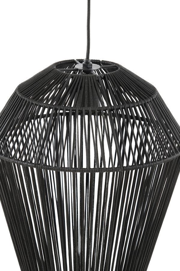 Zwarte draad hanglamp met een geometrisch ontwerp, met een cirkelvormig bovenframe en een breder wordende structuur met verticale draadlijnen die een symmetrische, open vorm creëren. De lamp hangt aan een enkel snoer.