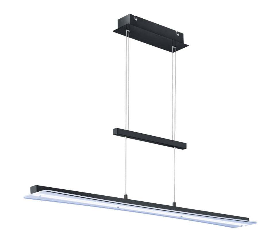 Een moderne, rechthoekige zwarte hanglamp met LED-verlichting. Het heeft een slank, langwerpig ontwerp dat aan twee metalen staven hangt die aan een plafondbevestiging zijn bevestigd.