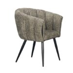 Een moderne stoel met een ronde rugleuning en donkergrijze, getufte stoffen bekleding. De stoel heeft vier slanke zwarte metalen poten die naar buiten zijn gekanteld voor stabiliteit. Het ontwerp is elegant en eigentijds.