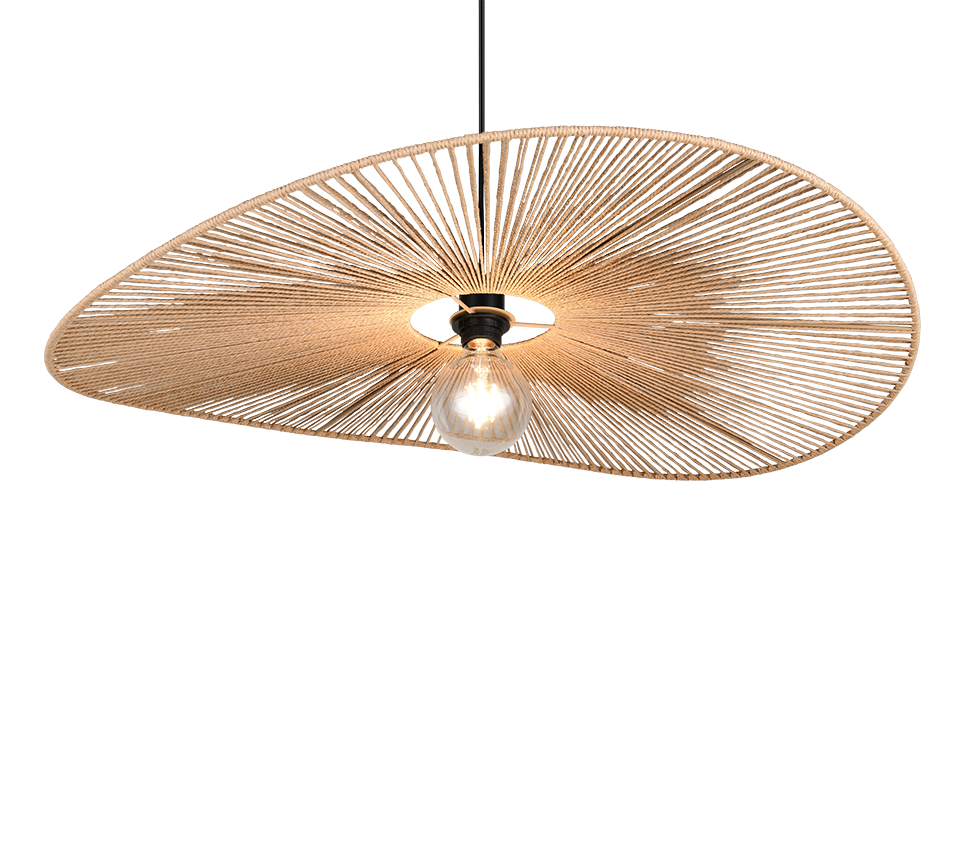 Een moderne hanglamp met een asymmetrische, waaiervormige rieten kap. De gloeilamp is gecentreerd en straalt een warme gloed uit, wat een stijlvolle en eigentijdse look creëert. Het ontwerp is voorzien van geweven details die textuur en elegantie toevoegen.