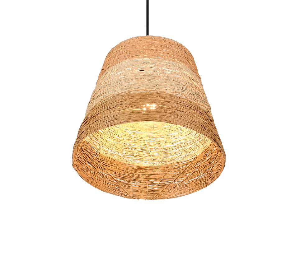 Een hangende lamp met een geweven rotan kap, die een warme gloed uitstraalt. Het ontwerp is cilindrisch en heeft een mix van lichtbruine en natuurlijke tinten, wat een gezellige, rustieke uitstraling creëert.