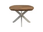 Ronde houten tafel met een zigzagpatroon op het oppervlak, met een strakke metalen X-vormige basis. Het hout heeft een natuurlijke afwerking, contrasterend met de metalen poten, wat het een moderne en stijlvolle uitstraling geeft.