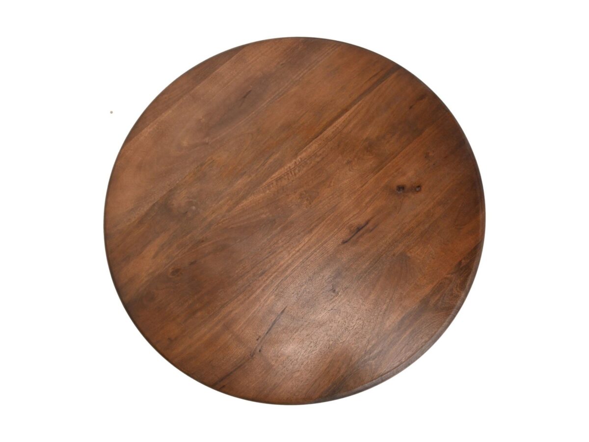 Een rond, houten tafelblad met een glad oppervlak en zichtbare natuurlijke nerfpatronen. Het hout heeft een warme, bruine tint met subtiele variaties in toon. Het tafelblad wordt van bovenaf getoond tegen een witte achtergrond.