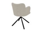Een beige, getextureerde stoel met een afgeronde rug en armleuningen wordt van achteren getoond. Het heeft een zwarte, vierpotige metalen basis zonder wielen, wat een modern en minimalistisch ontwerp creëert. De stoel staat tegen een effen witte achtergrond.