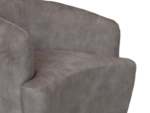 Een close-up van een grijze gestoffeerde stoel met een gebogen rugleuning en armleuning. De stof heeft een zachte, fluweelachtige textuur en de stoel heeft een strak, modern design.