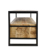 Vooraanzicht van een rechthoekige houten bank met een donker metalen frame. Het hout heeft een rustieke, natuurlijke afwerking en het frame omlijnt de randen, wat een moderne touch toevoegt. De bank oogt stevig en minimalistisch qua ontwerp.
