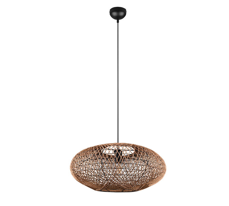 Een moderne hanglamp met een zwarte steel en een ronde, geweven draadkap in een bruine kleur. Het ontwerp is ingewikkeld en creëert een abstracte, artistieke look.