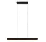 Een moderne rechthoekige hanglamp met een zwarte behuizing hangt aan een zwart plafondarmatuur met twee dunne draden. De lamp is slank en strak, ontworpen om omgevingsverlichting te bieden.