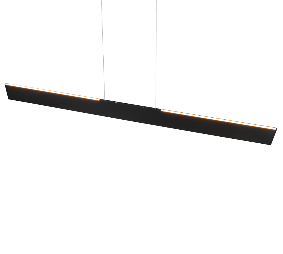 Strakke, moderne zwarte plafondlamp met een lang, horizontaal design en subtiele verlichting langs de randen.