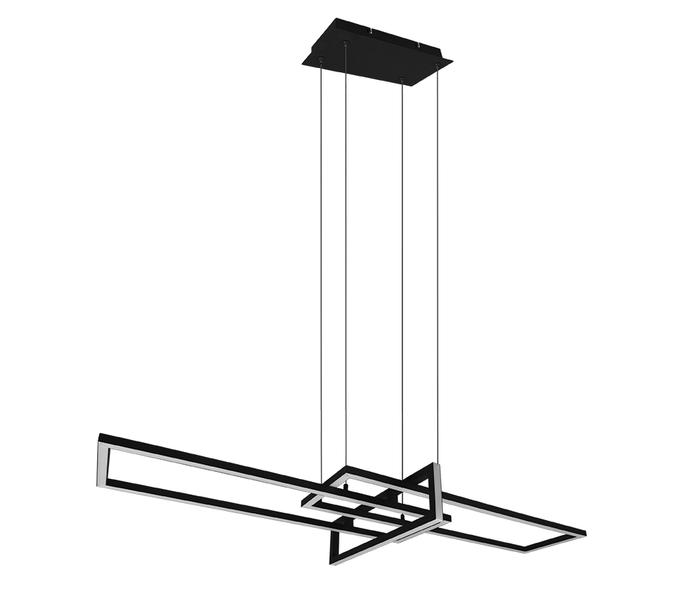 Minimalistische zwarte hanglamp met geometrisch ontwerp en kruisende rechthoekige vormen, opgehangen aan dunne draden aan een vierkante basis. De moderne esthetiek kenmerkt zich door strakke lijnen en een strakke afwerking.