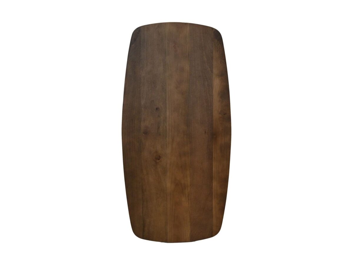 Een lange, rechthoekige houten snijplank met afgeronde hoeken en een glad oppervlak, afgebeeld op een effen witte achtergrond.