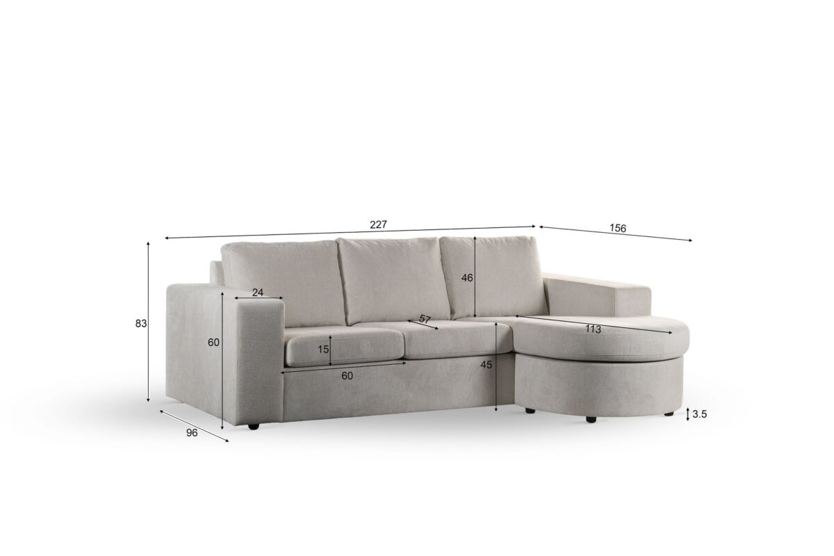 De 3 zits bank CL L+R, stof Lord 22, E460 beige is een lichtgrijze sectionele bank met chaise lounge, afgebeeld tegen een effen witte achtergrond met gedetailleerde afmetingen in centimeters voor hoogte, breedte, diepte en zitmaat.