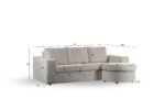 De 3 zits bank CL L+R, stof Lord 22, E460 beige is een lichtgrijze sectionele bank met chaise lounge, afgebeeld tegen een effen witte achtergrond met gedetailleerde afmetingen in centimeters voor hoogte, breedte, diepte en zitmaat.