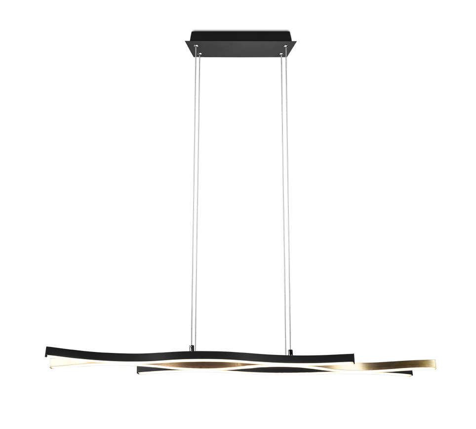 Een moderne, zwarte en zilveren geometrische hanglamp met verweven, gebogen metalen staven, opgehangen aan een rechthoekige plafondbevestiging met twee kabels. Het ontwerp is strak en eigentijds.