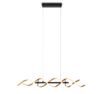 Moderne plafondlamp met verweven, golvende LED-strips die aan twee kabels aan een rechthoekige plafondbevestiging hangen. Het ontwerp creëert een strak en artistiek uiterlijk.