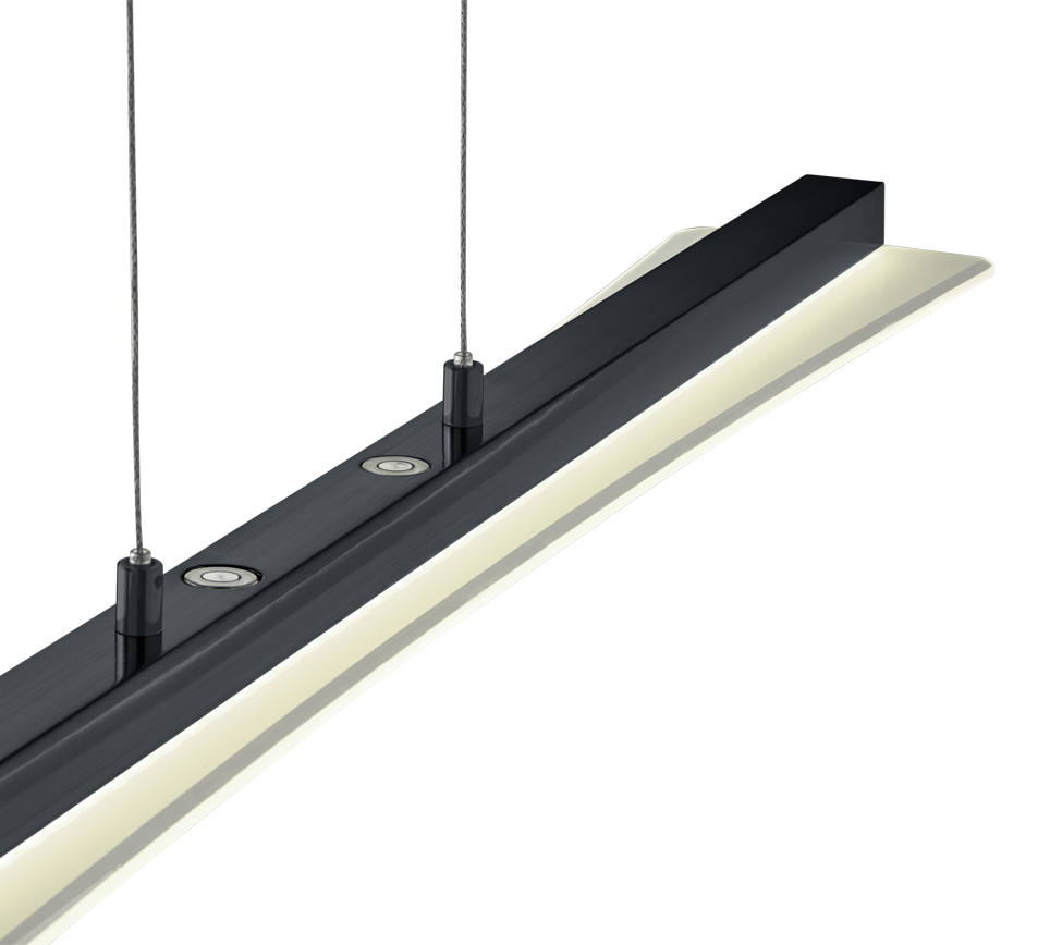 Een moderne, langwerpige zwarte hanglamp met geïntegreerde LED-verlichting, opgehangen aan twee dunne kabels. De lamp heeft een strak, minimalistisch design en straalt een zachte, witte gloed uit aan de onderkant.