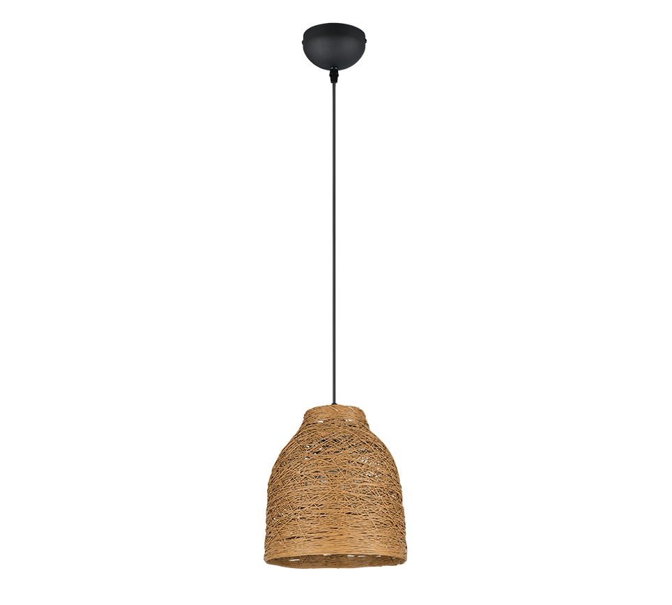 Een enkele hangende hanglamp met een geweven, bruine rotan kap. Het heeft een strak zwart snoer en plafondbevestiging. Het ontwerp is modern en minimalistisch, geschikt voor een stijlvol interieur.