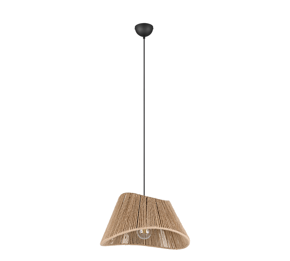 Een hangende hanglamp met een geweven, conische lampenkap in een natuurlijke vezeltextuur. Het hangt aan het plafond met een zwart snoer, met een modern en minimalistisch design.