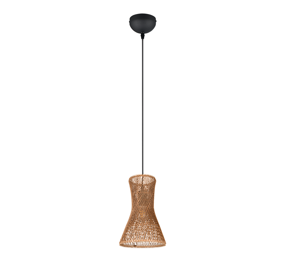 Een hangende hanglamp met een lampenkap in gevlochten rieten stijl en zwarte bevestigingsmaterialen. Het ontwerp is eenvoudig en modern, met een gladde zwarte kabel en ronde plafondbevestiging.