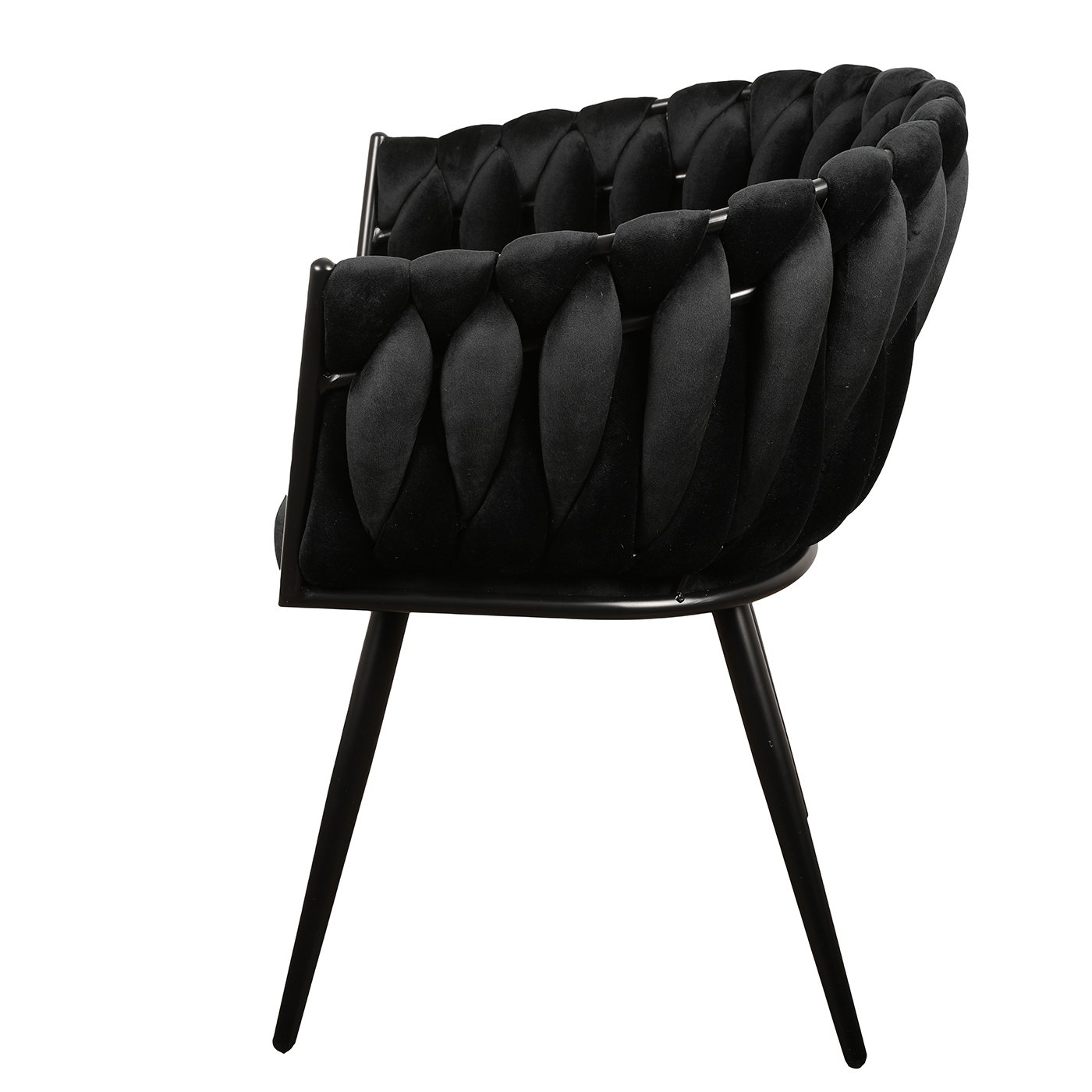 Een stijlvolle zwarte stoel met een uniek, gelaagd ontwerp dat lijkt op verticale bloemblaadjes, ondersteund door vier slanke poten. De zitting is afgerond en biedt een moderne en elegante look.