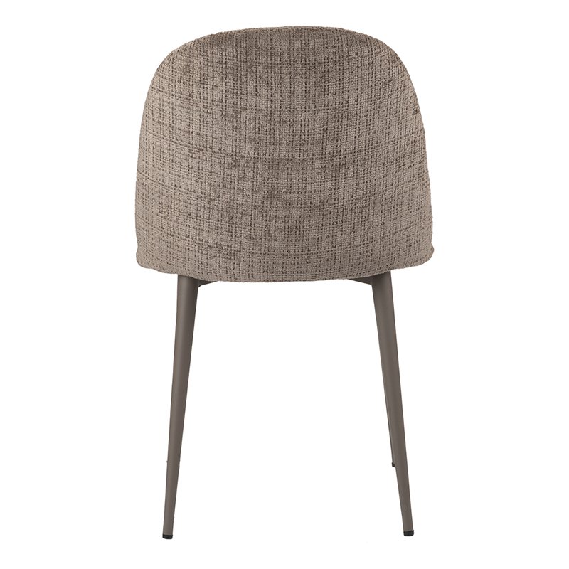 Een moderne stoel met een ronde, beige stoffen rugleuning en een zitting op vier slanke metalen poten, van achteren gezien tegen een witte achtergrond.