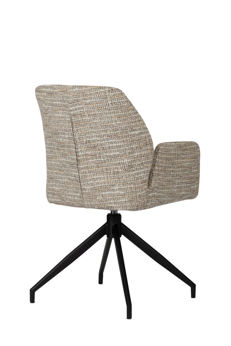 Een moderne bureaustoel met een gewatteerde zitting in een getextureerde beige stof is van achteren te zien. Het heeft een zwarte, vierpotige draaibare basis, wat een strak en eigentijds design biedt.