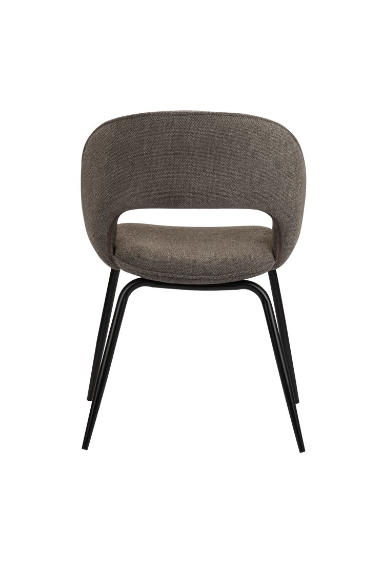 Een moderne stoel met een met stof bekleed kussen en rugleuning, met een uitsparing aan de achterkant. Het heeft een strak design met zwarte metalen poten, van achteren gezien tegen een witte achtergrond.