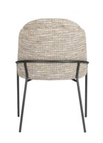 Achteraanzicht van een moderne stoel met een getextureerde, beige en bruine gestoffeerde zitting. Het heeft slanke zwarte metalen poten en een minimalistisch ontwerp, waarbij de ronde rugleuning en het zitkussen worden benadrukt.