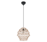 Een decoratieve hanglamp met een bolvormige, geweven rotan kap die aan een dun zwart snoer hangt. Het open geweven ontwerp onthult de lamp binnenin, wat een eigentijdse en natuurlijke esthetiek creëert.