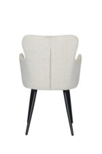 Een beige gestoffeerde stoel met een gebogen rugleuning en strakke, zwarte poten, gezien vanaf de achterkant. Het ontwerp is modern en minimalistisch.