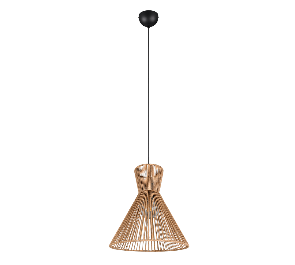 Hanglamp met een conische bamboe lampenkap die aan een zwart snoer en plafondbevestiging hangt. Het natuurlijke bamboe design voegt een warme, rustieke sfeer toe.